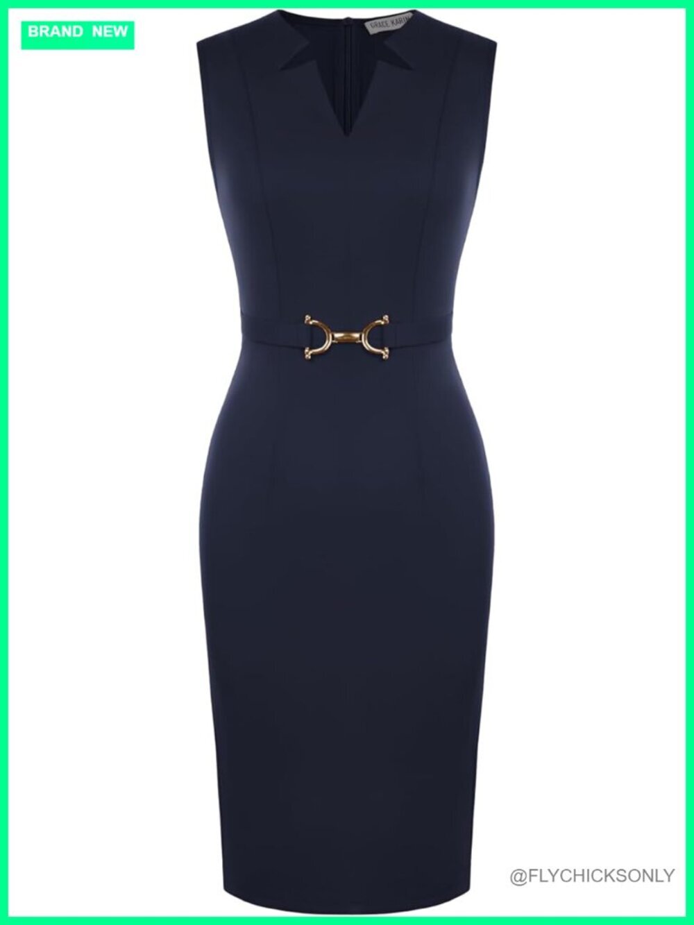 V Neck Sleeveless Pencil Midi Dress with Metal Buckle